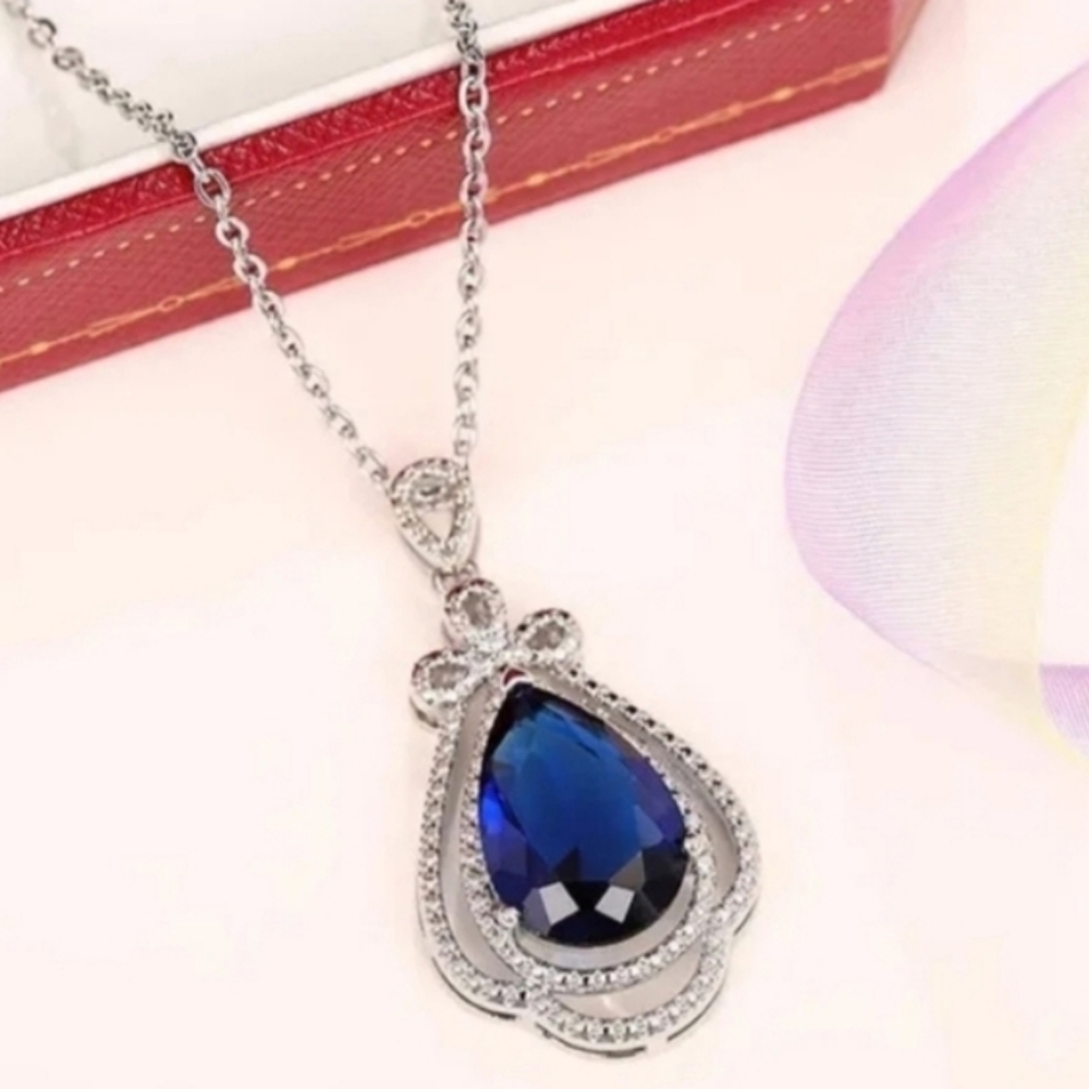 Luxury 5ct Pear Cut Natural Sapphire Moissanite Teardrop Pendant Necklace 17"